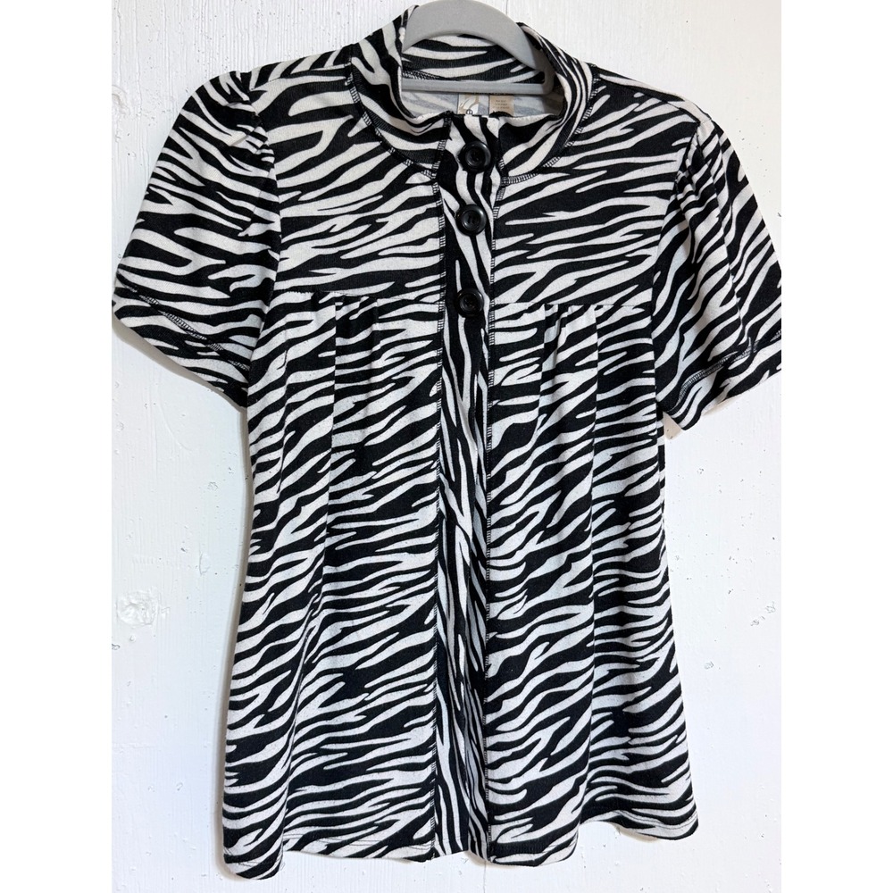 Zebra Print Top Women XL Eyeshadow Black White Poly Blend Boho Mock Neck Blouse